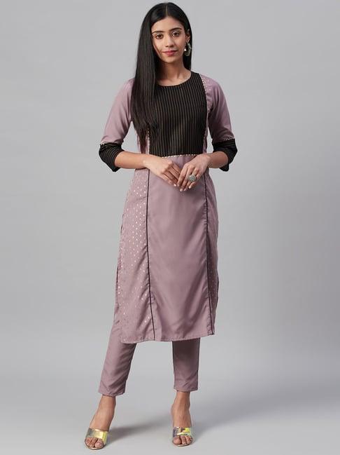 ziyaa purple & black printed straight kurta