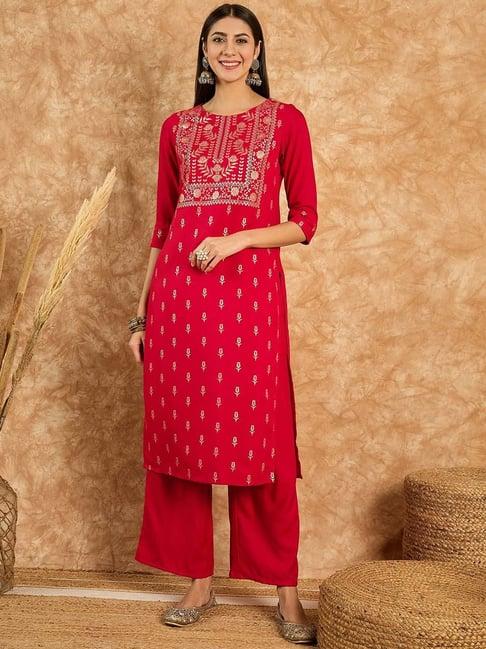 ziyaa red printed kurta & palazzo set