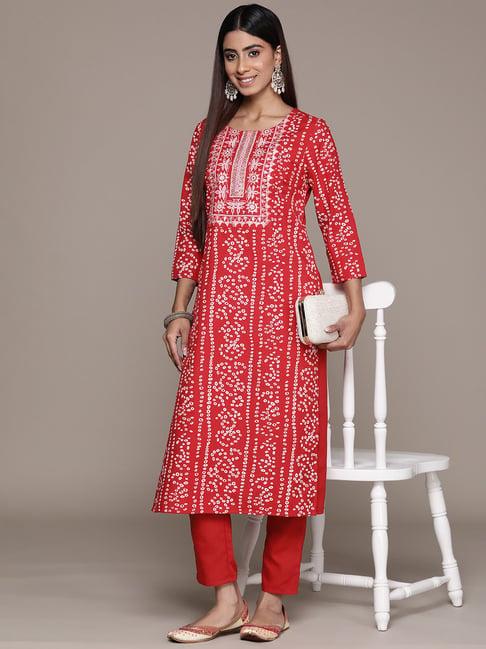 ziyaa red printed kurta pant set