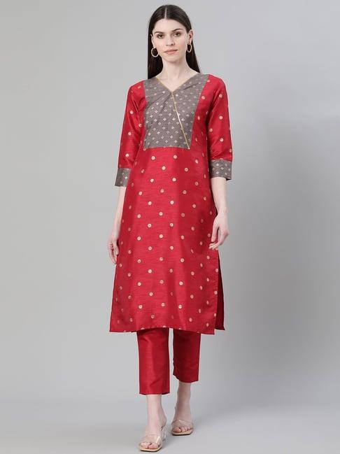 ziyaa red printed straight kurta