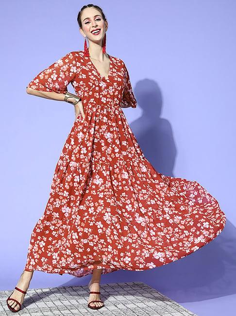 ziyaa rust floral print maxi dress