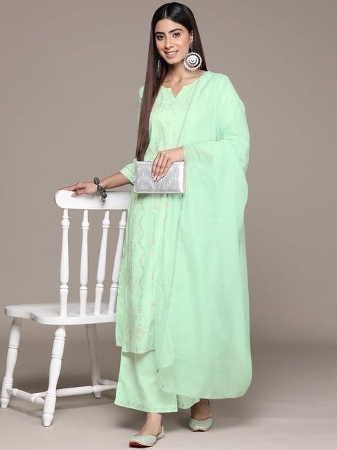 ziyaa sea green printed kurta with palazzo & dupatta