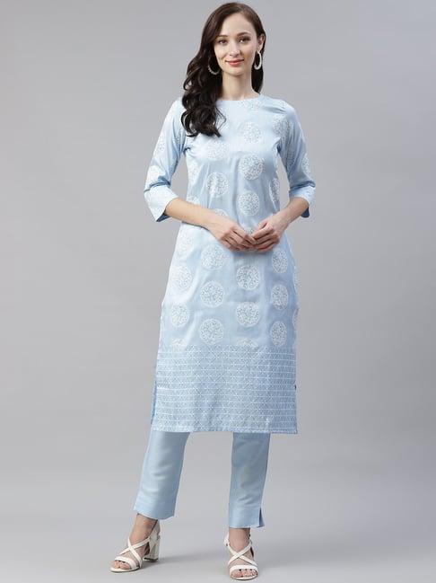 ziyaa sky blue printed straight kurta