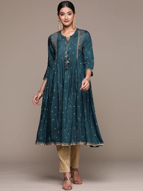 ziyaa teal blue printed flared kurta