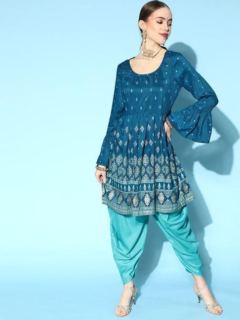 ziyaa teal blue printed kaftan dhoti pant set