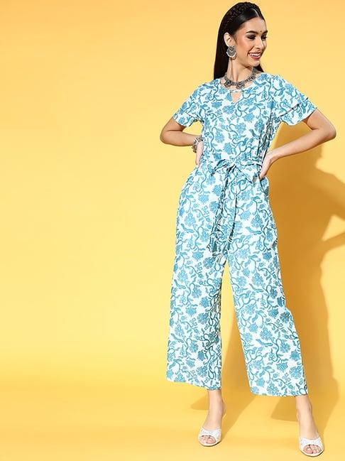 ziyaa white & blue floral print jumpsuit