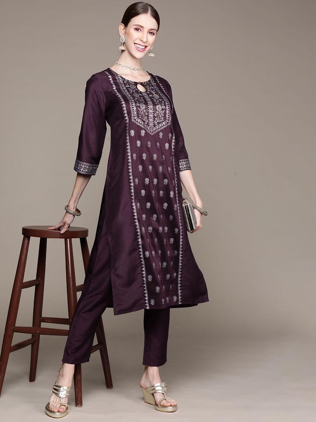 ziyaa women aubergine & golden ethnic motifs printed kurta with trousers