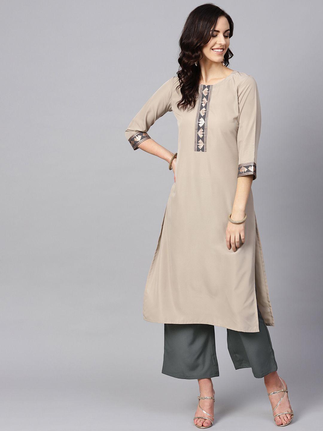 ziyaa women beige & charcoal grey solid kurta with palazzos