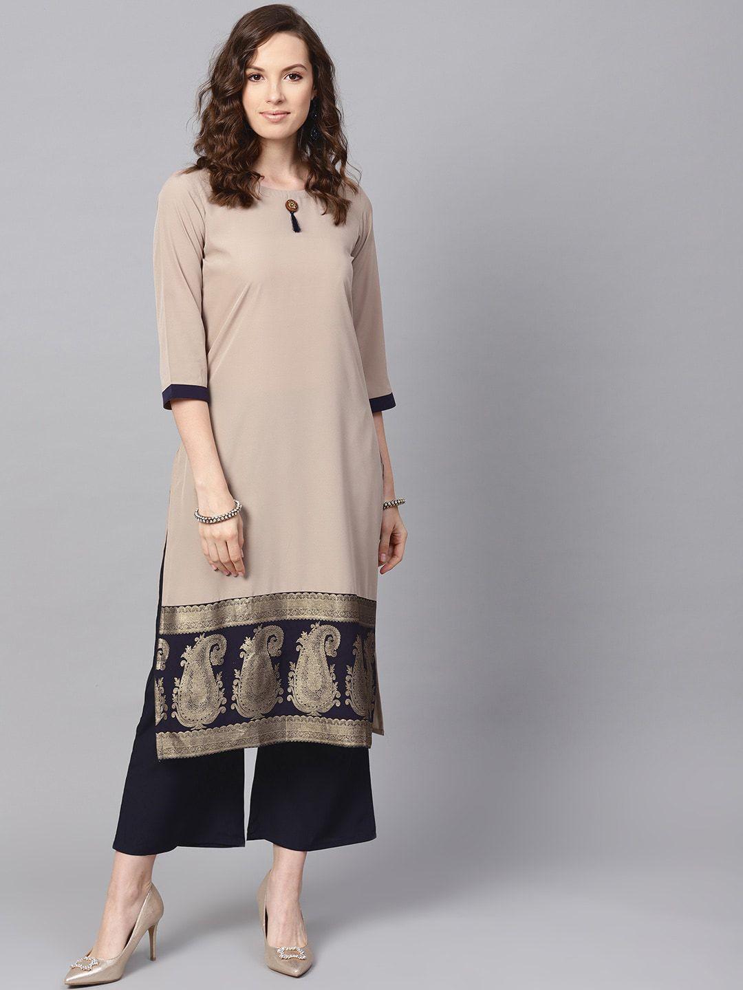 ziyaa women beige paisley high slit kurta with palazzos