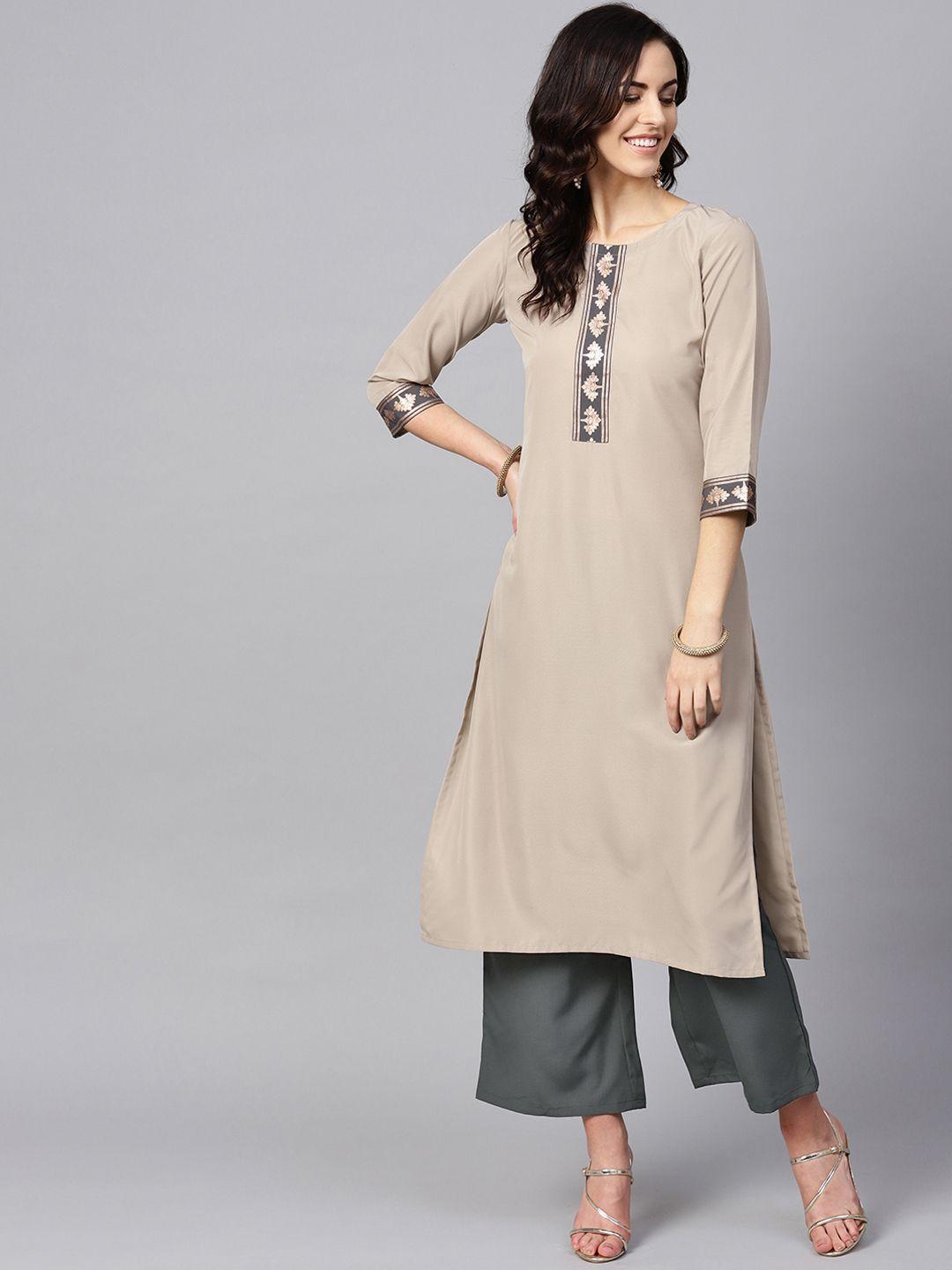 ziyaa women beige printed straight kurta