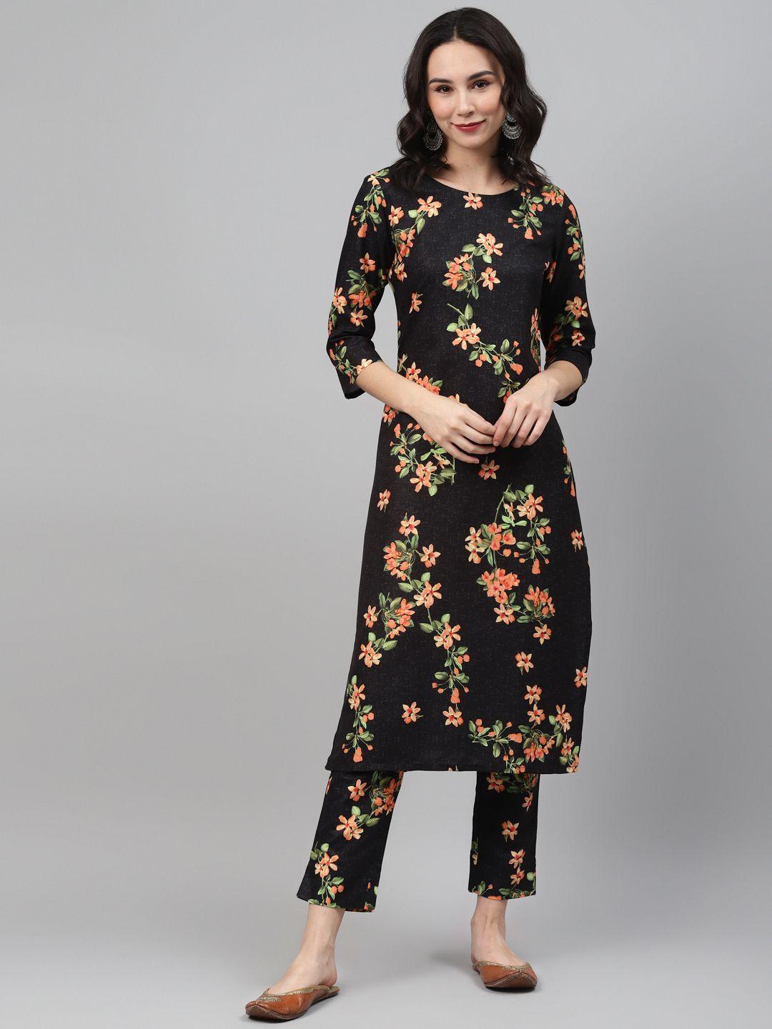 ziyaa women black & coral floral printed kurta with trousers