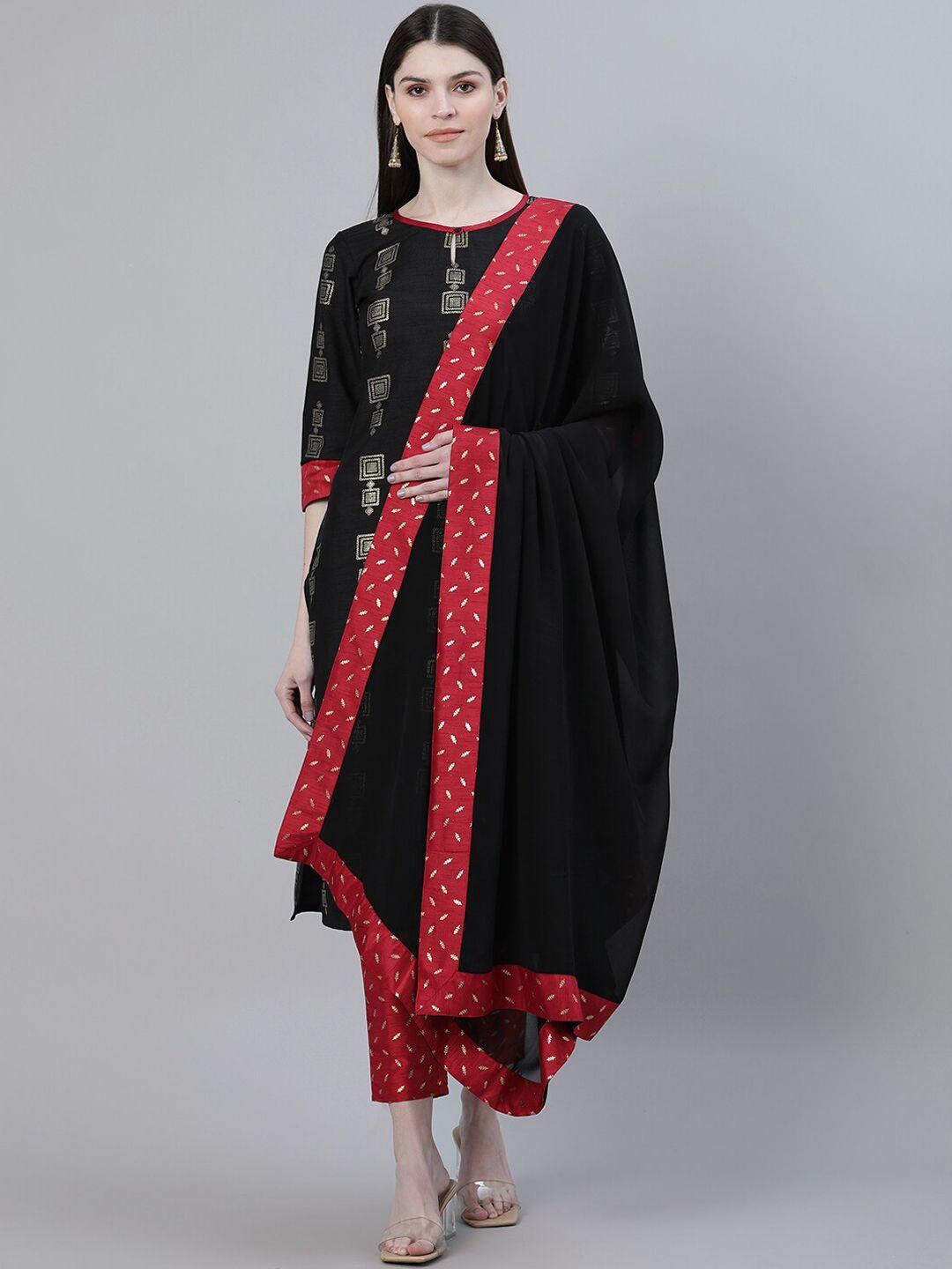 ziyaa women black & red printed kurta with trousers & dupatta