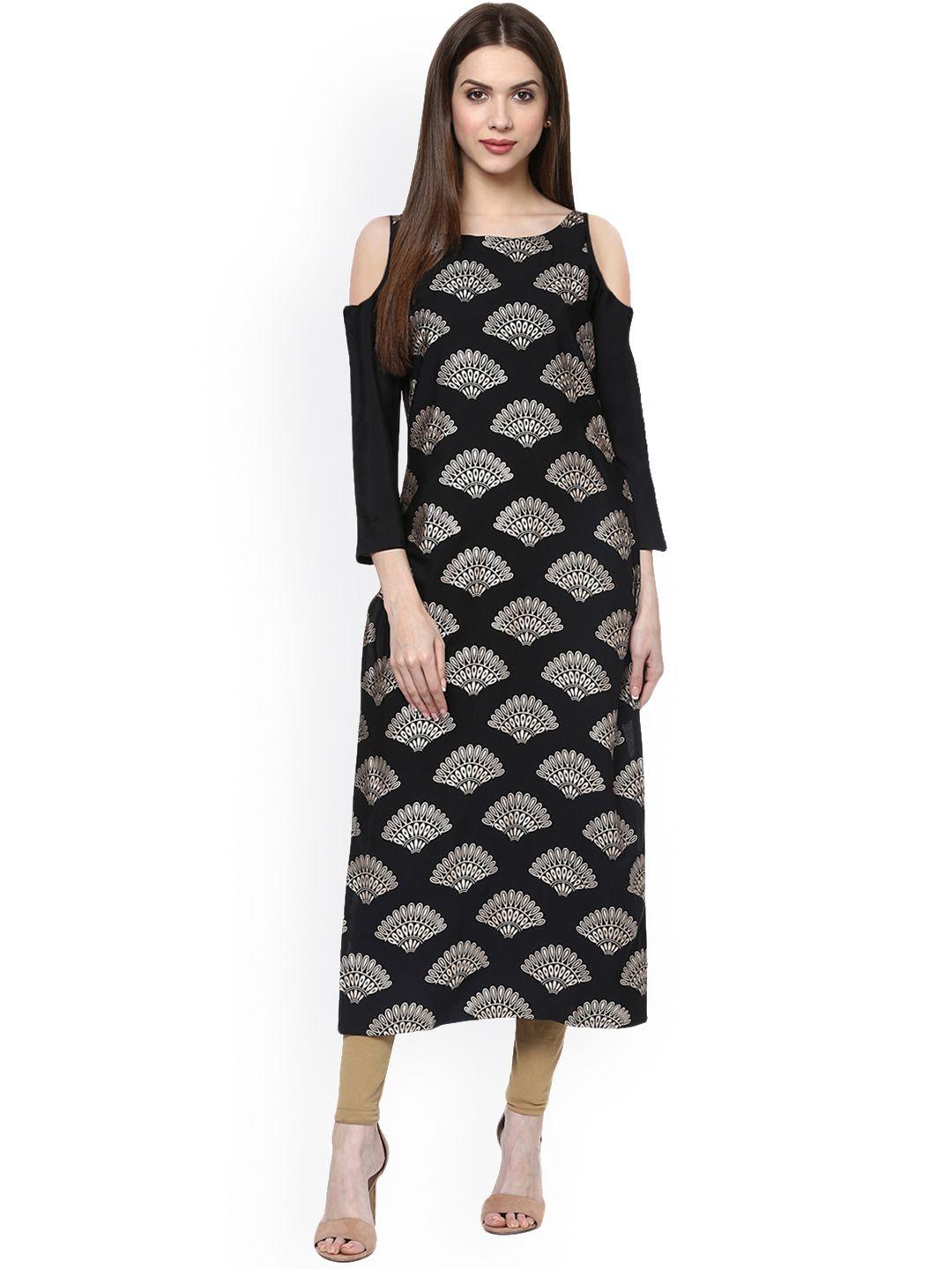 ziyaa women black & white printed straight cold-shoulder kurta