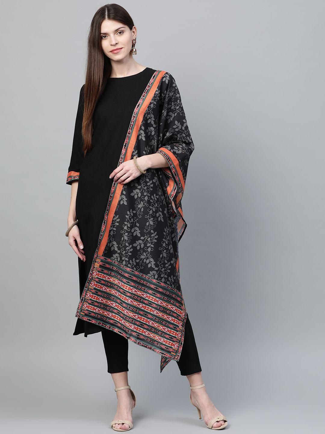 ziyaa women black & white solid kurta with trousers & dupatta