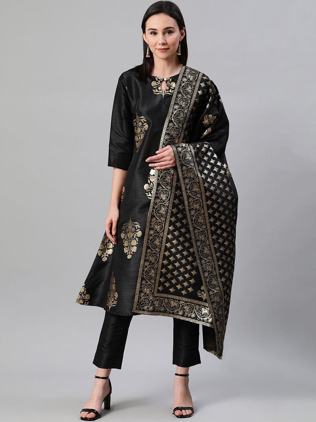 ziyaa women black printed art silk kurta with trousers & dupatta