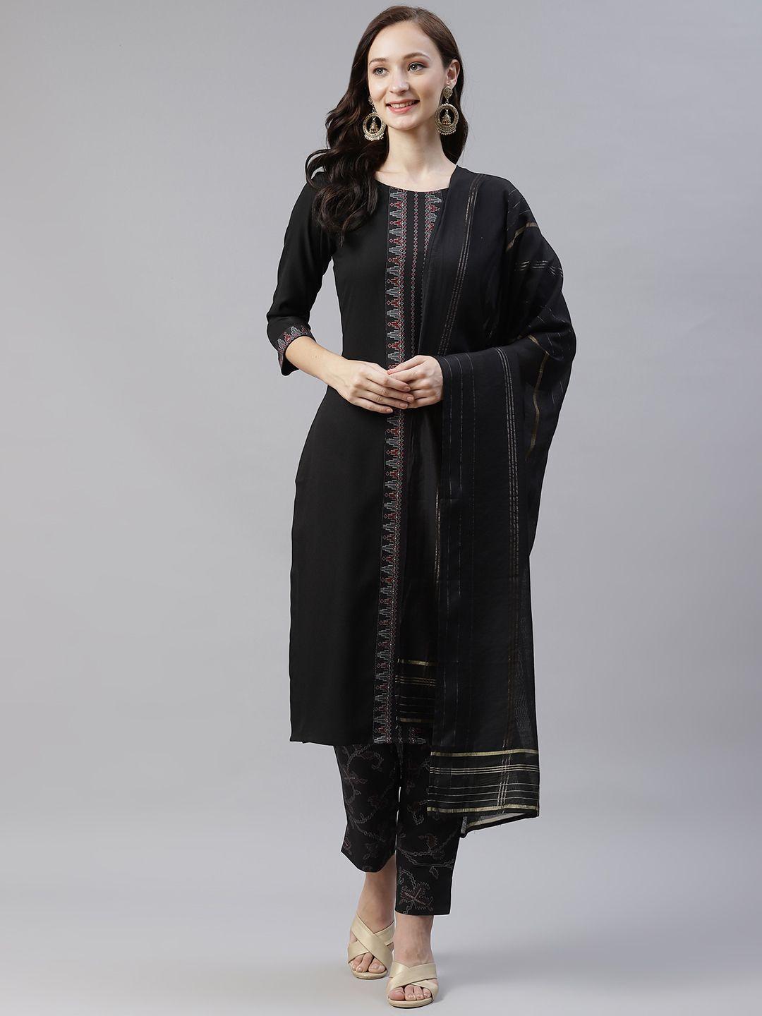 ziyaa women black printed kurta with trousers & dupatta