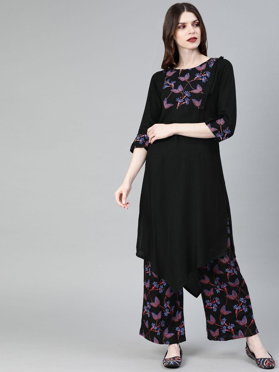 ziyaa women black solid kurta with palazzos