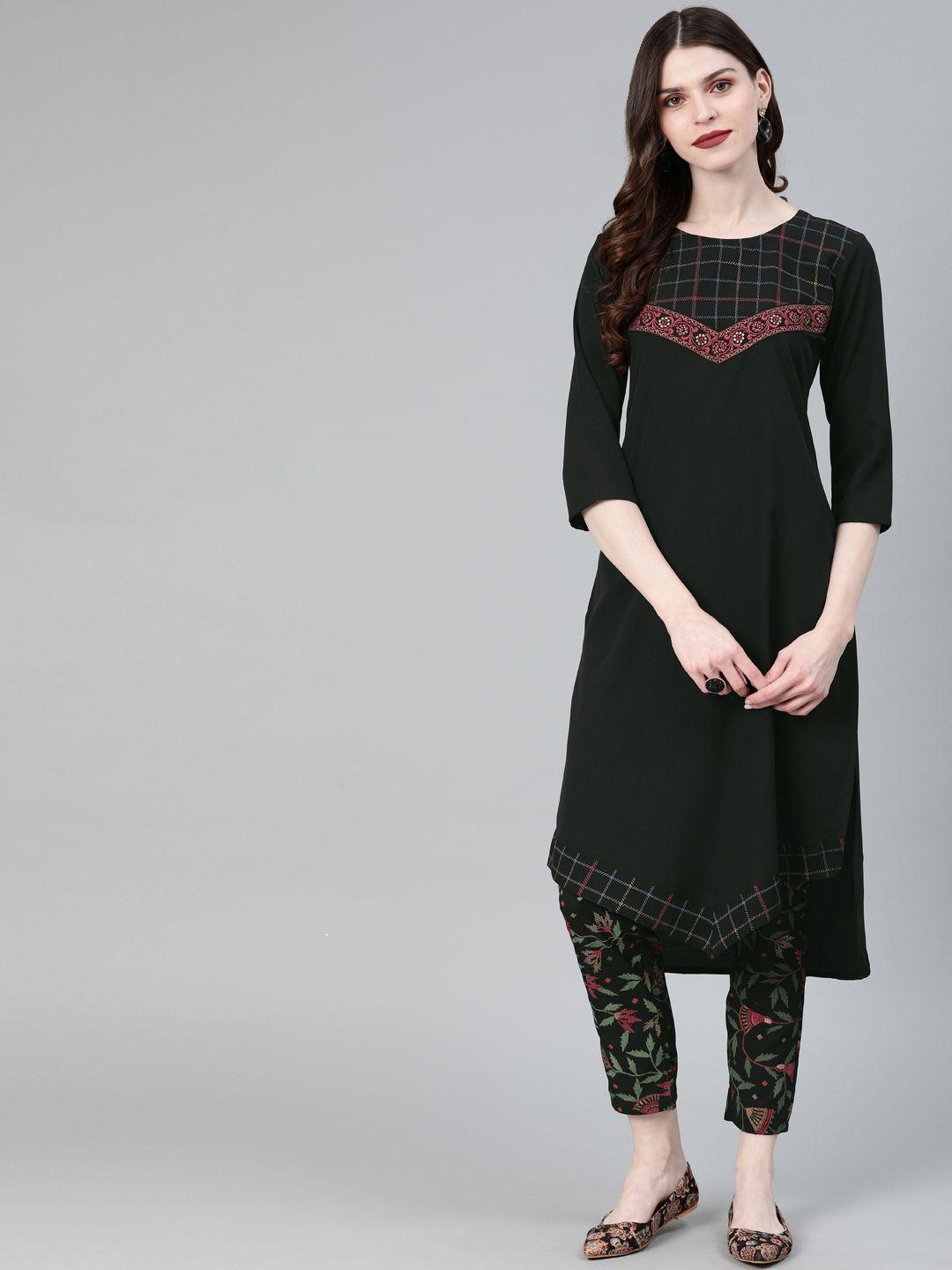 ziyaa women black solid kurta with trousers