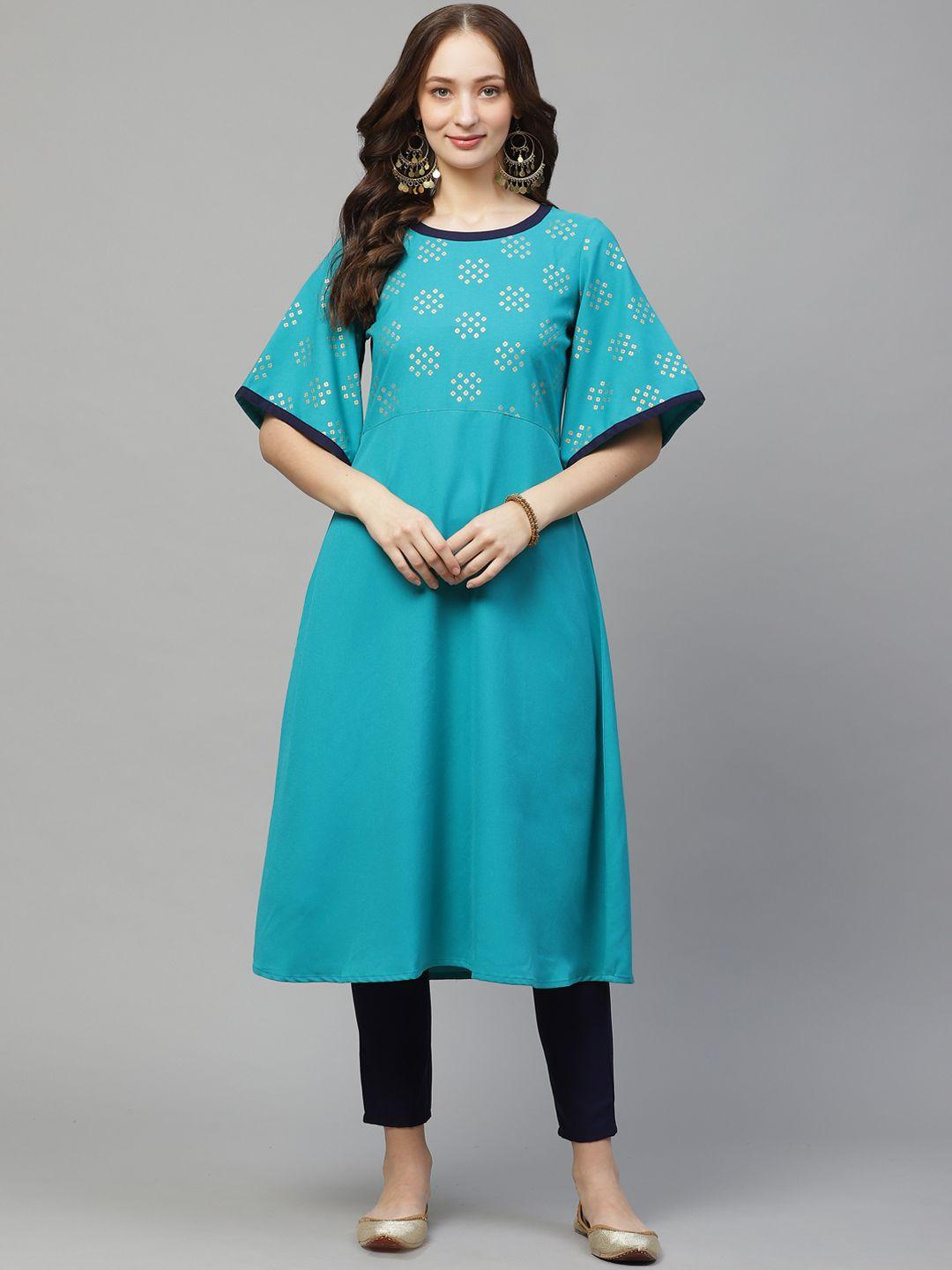 ziyaa women blue & golden yoke design foil print a-line kurta with trousers