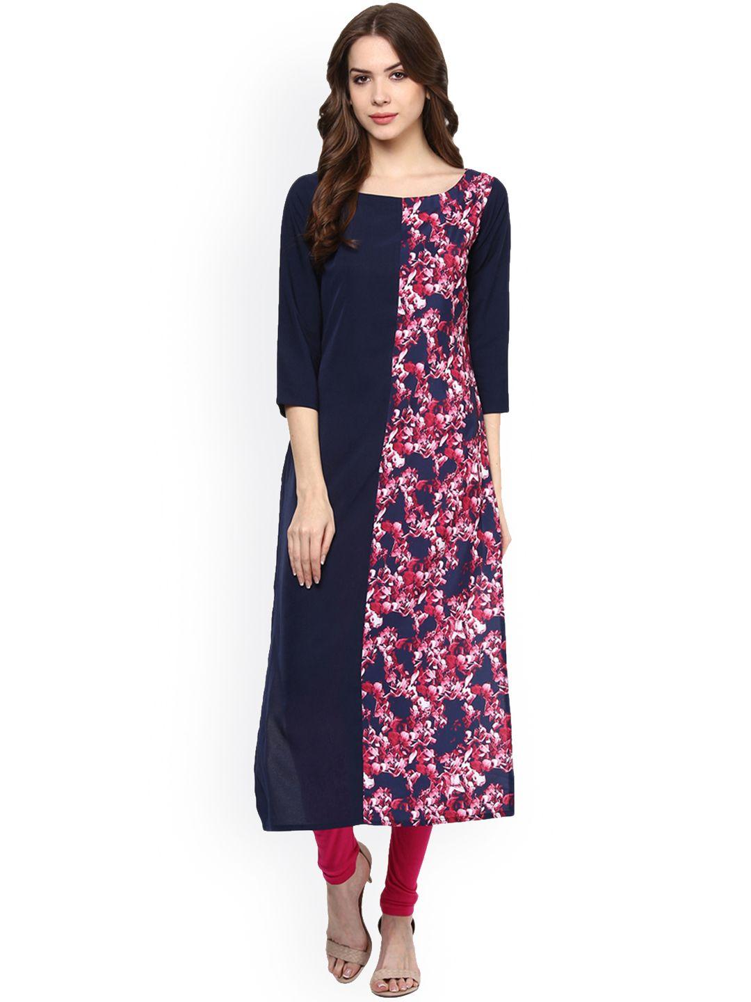 ziyaa women blue & pink printed straight kurta