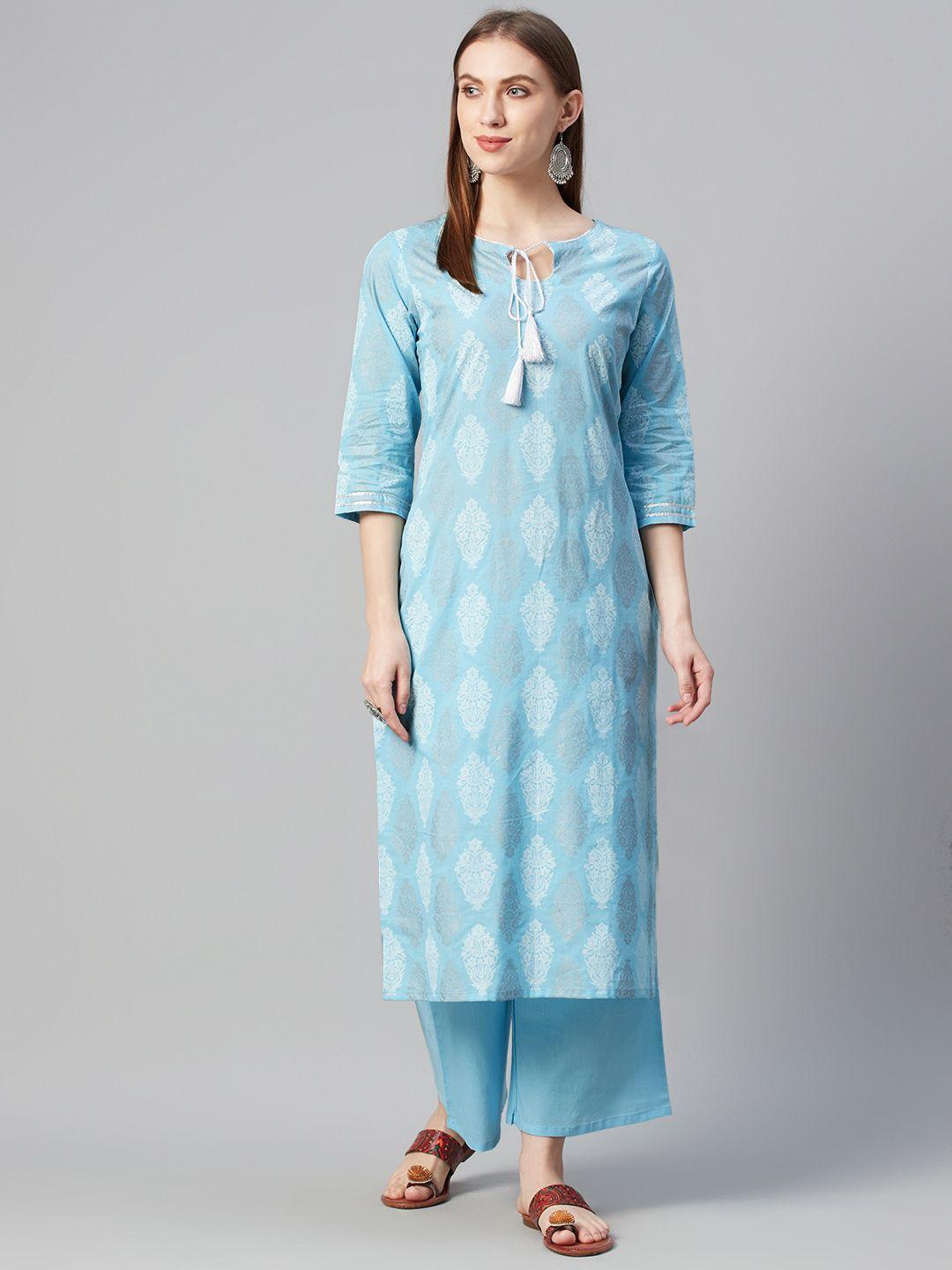 ziyaa women blue & white ethnic screen print pure cotton kurta set