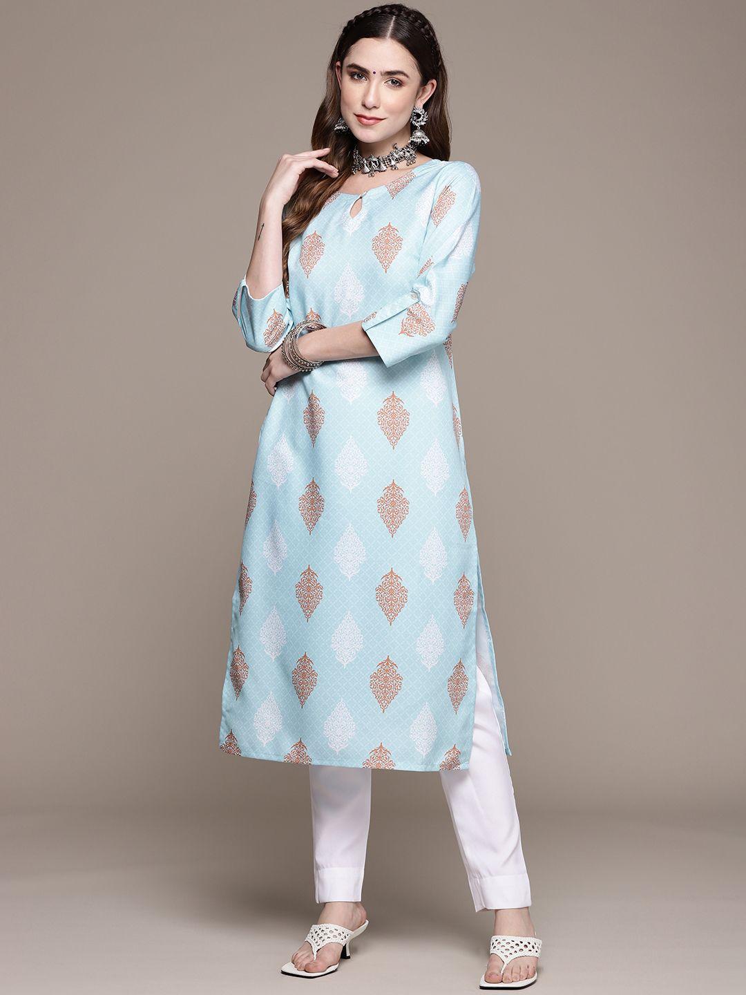 ziyaa women blue ethnic motifs printed kurta with trousers