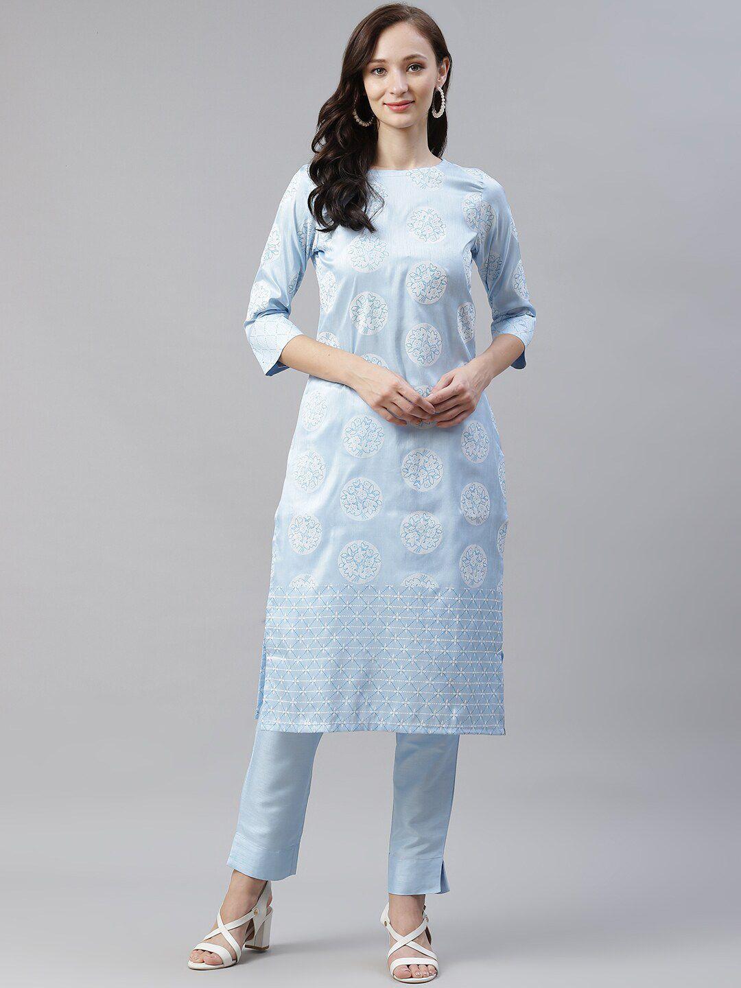 ziyaa women blue ethnic motifs printed kurta with trousers