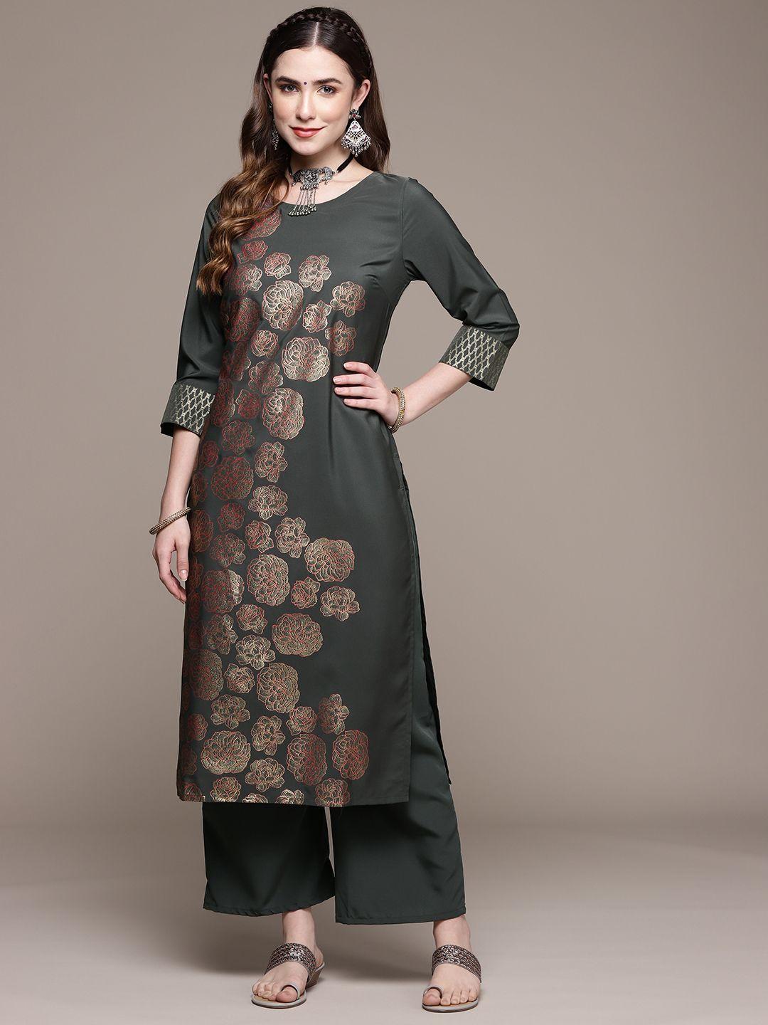 ziyaa women charcoal grey & golden floral printed kurta with palazzos