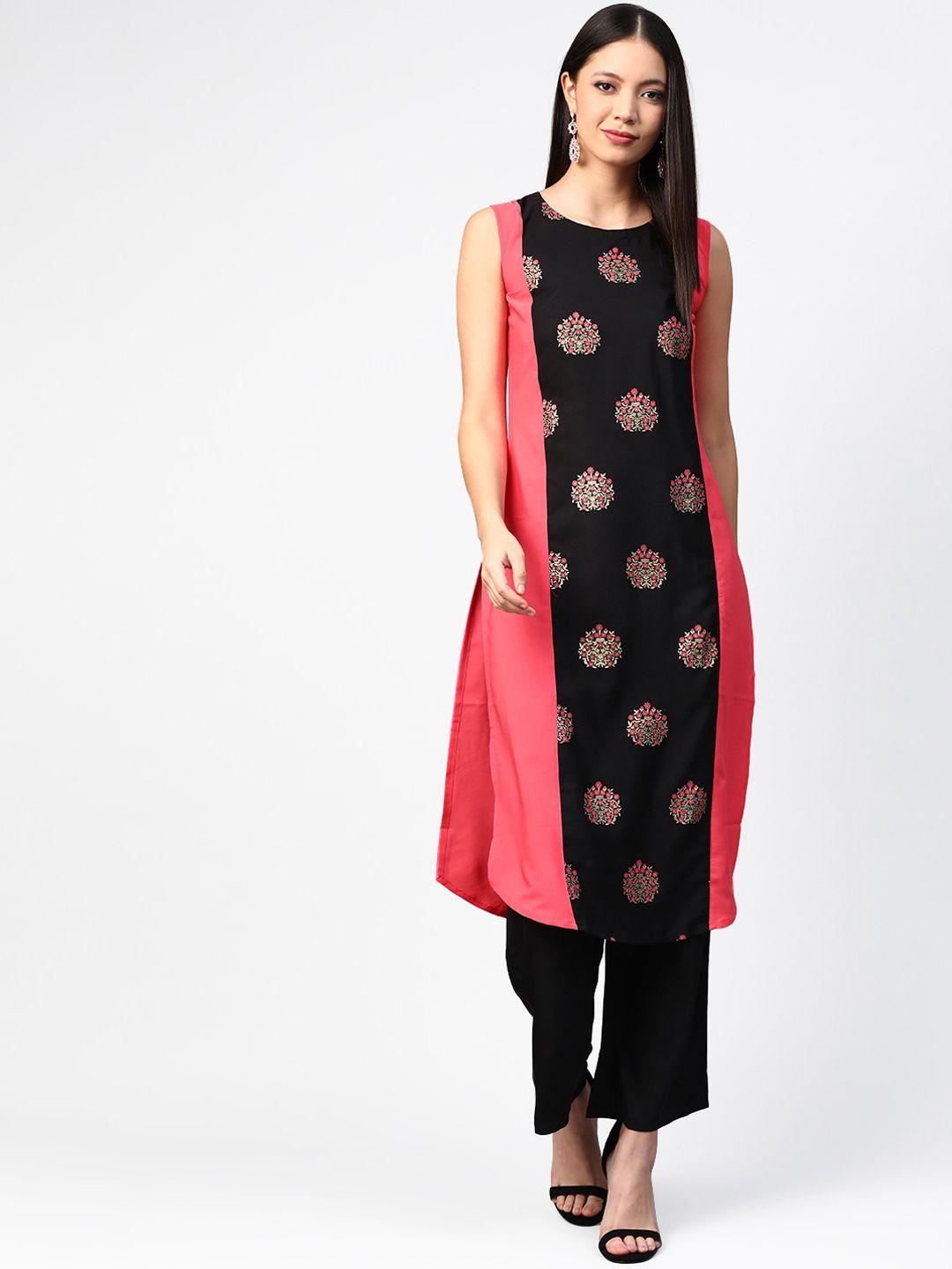 ziyaa women coral & black printed kurta with palazzos