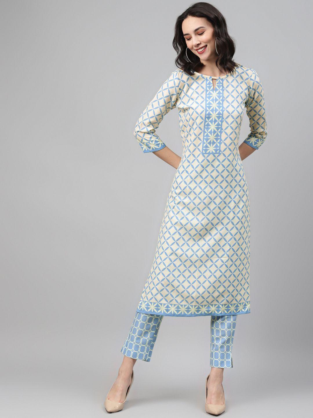 ziyaa women cream-colored & blue printed kurta with trousers