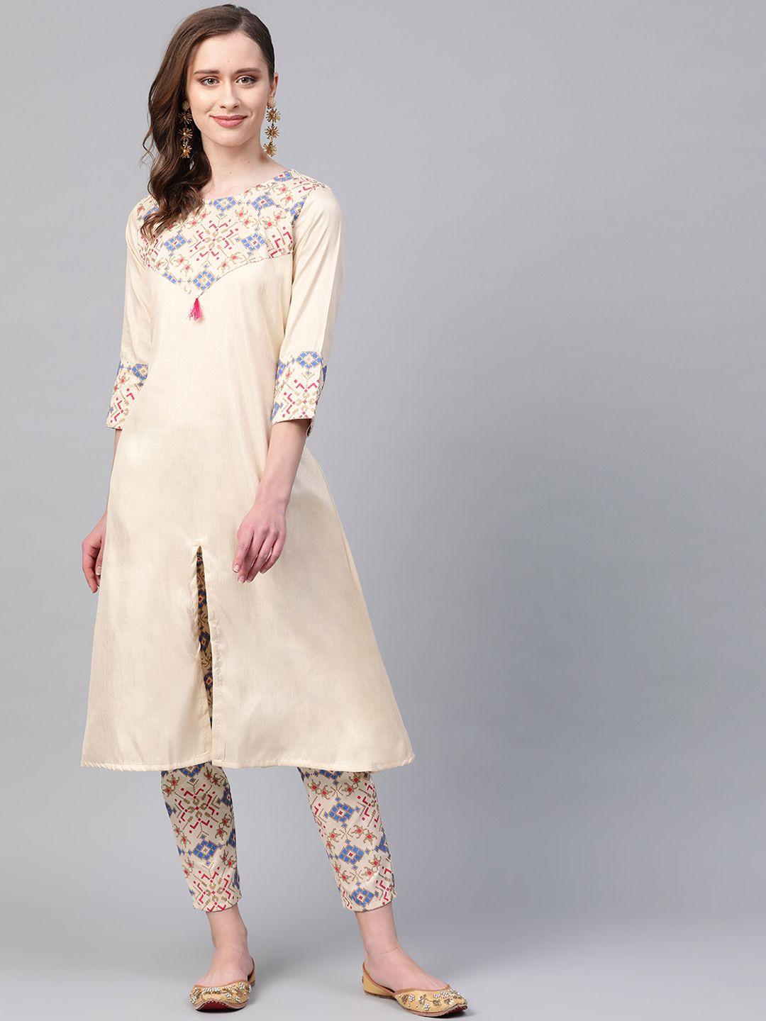 ziyaa women cream-coloured & blue printed straight kurta