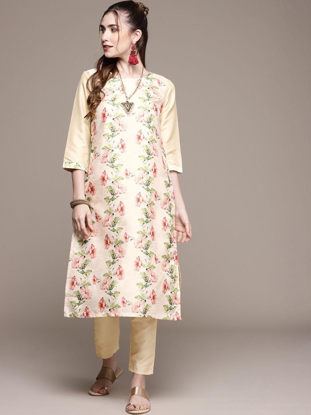 ziyaa women cream-coloured & pink floral printed kurta