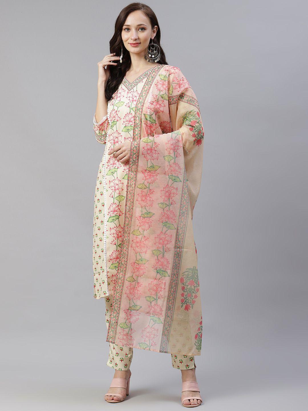 ziyaa women cream-coloured & red floral printed kurta with trousers & dupatta