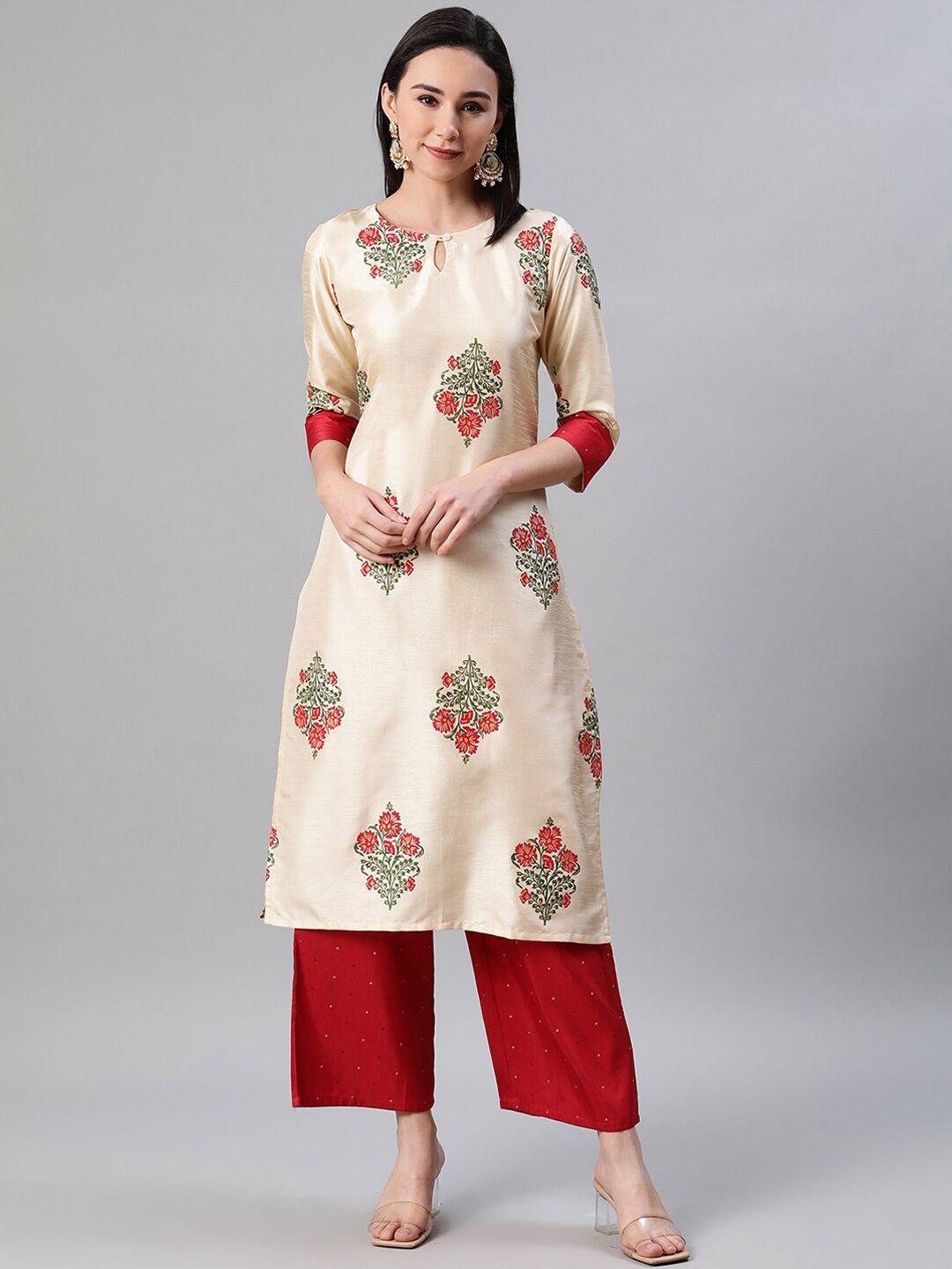 ziyaa women cream-coloured & red printed kurta & palazzo set