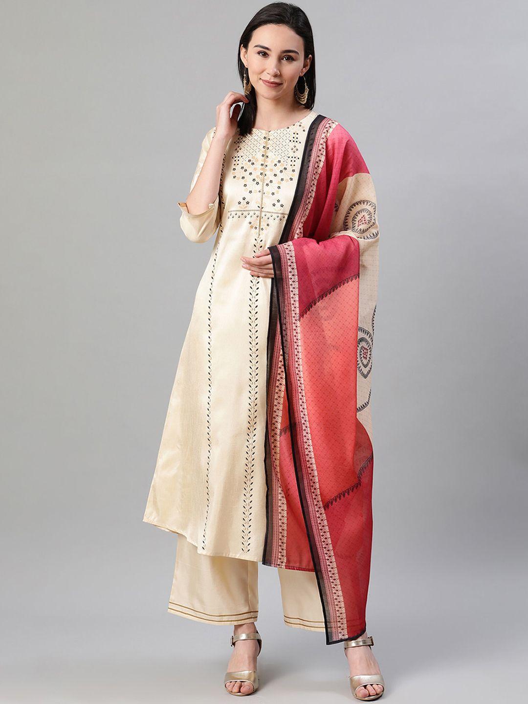 ziyaa women cream-coloured printed kurta with palazzos & dupatta