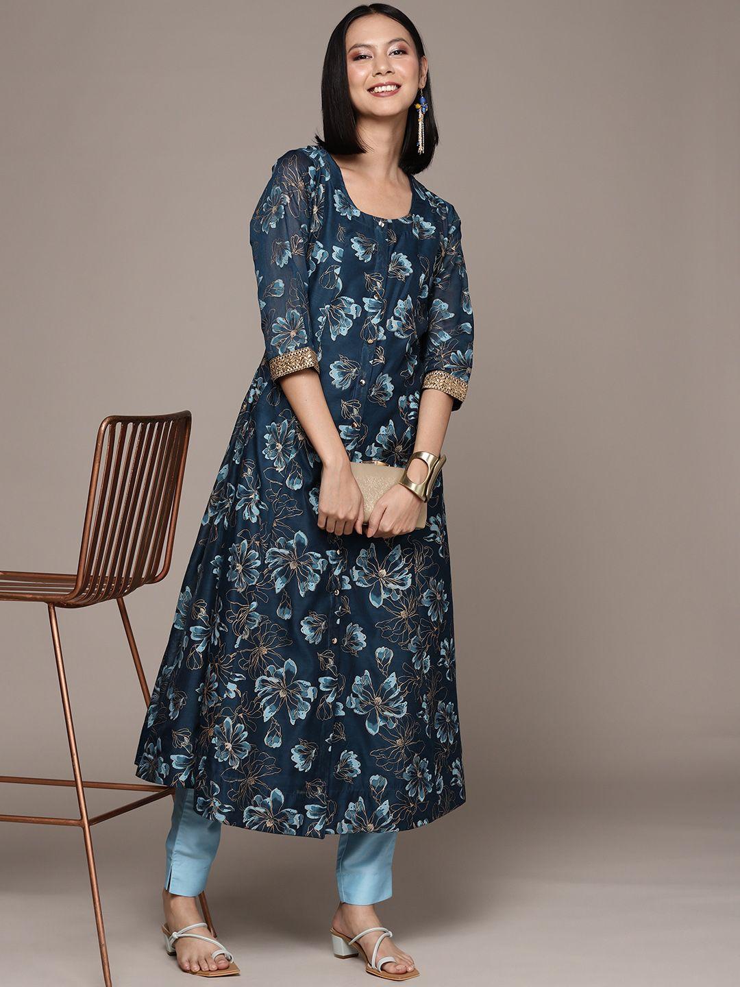 ziyaa women floral printed layered kurta with trousers