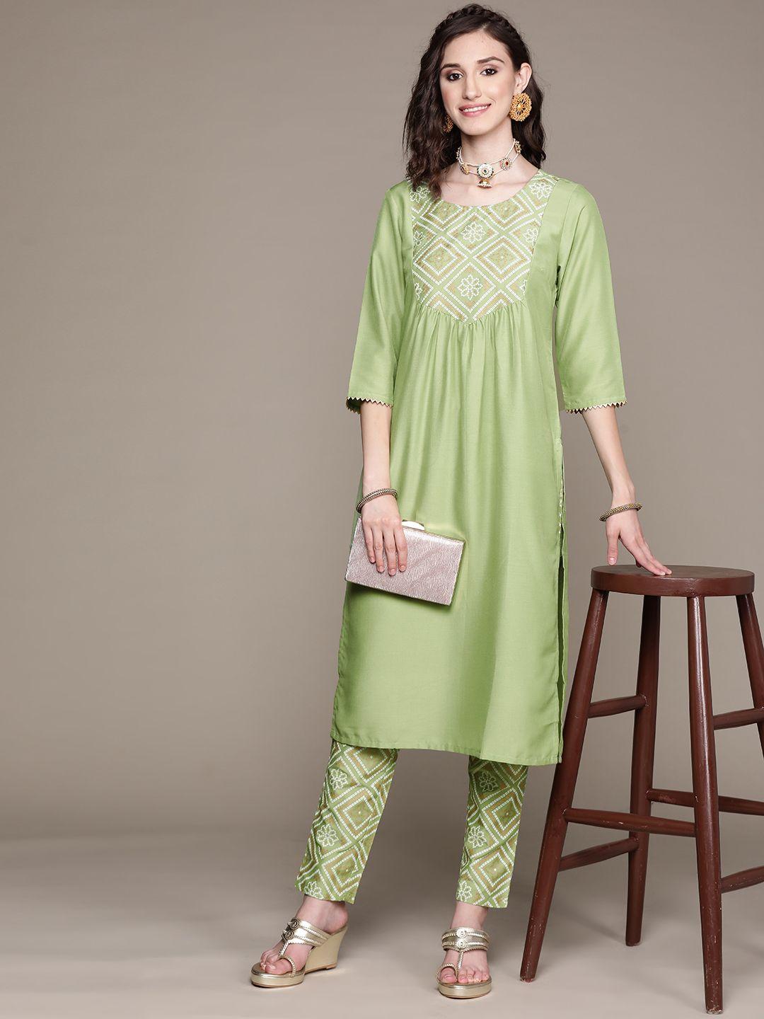 ziyaa women green & beige bandhani yoke design kurta with trousers