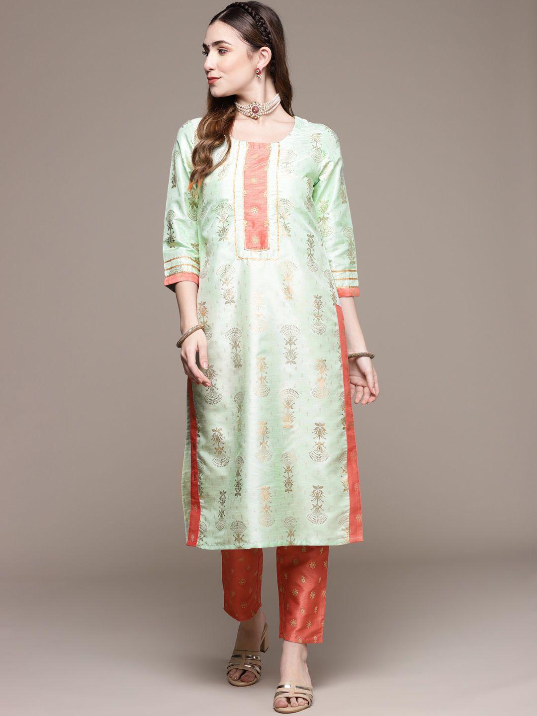 ziyaa women green & orange ethnic motifs printed gotta patti kurta with trousers
