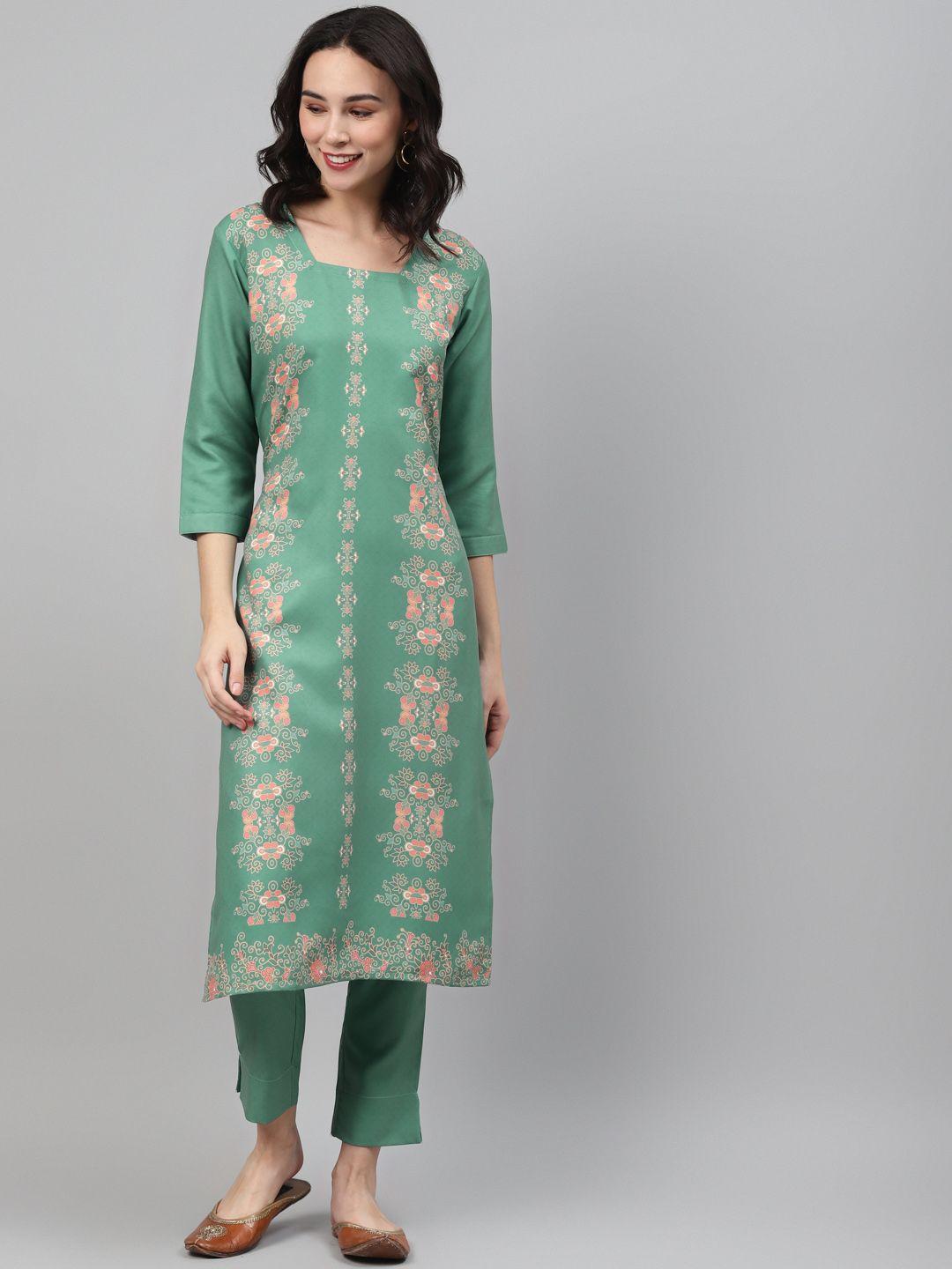 ziyaa women green & peach-coloured printed kurta with trousers