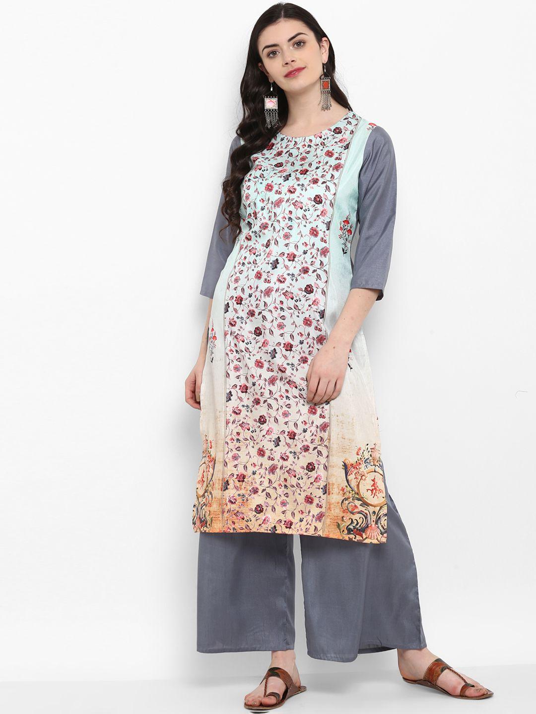 ziyaa women grey & blue printed kurta with palazzos