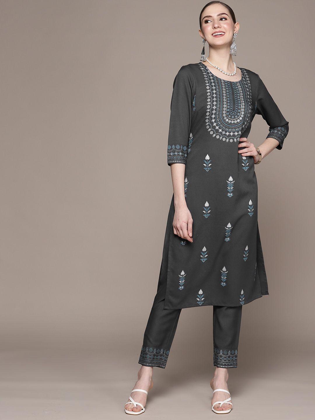 ziyaa women grey ethnic motifs embroidered sequinned kurta with trousers