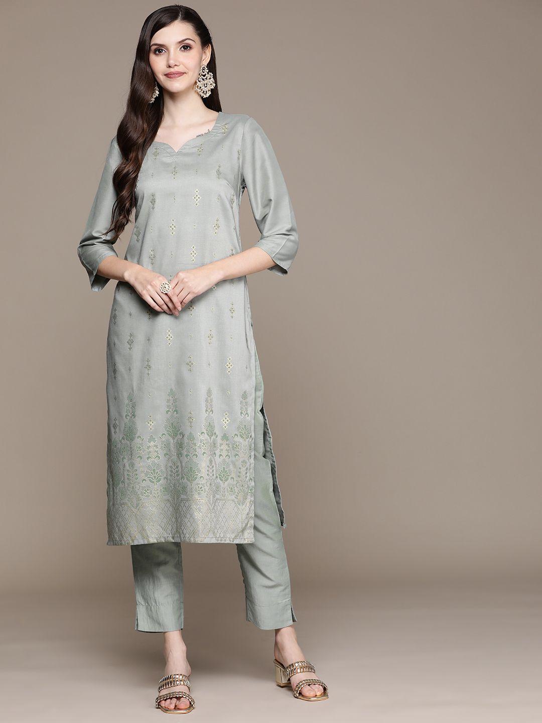 ziyaa women grey ethnic motifs printed kurta with trousers