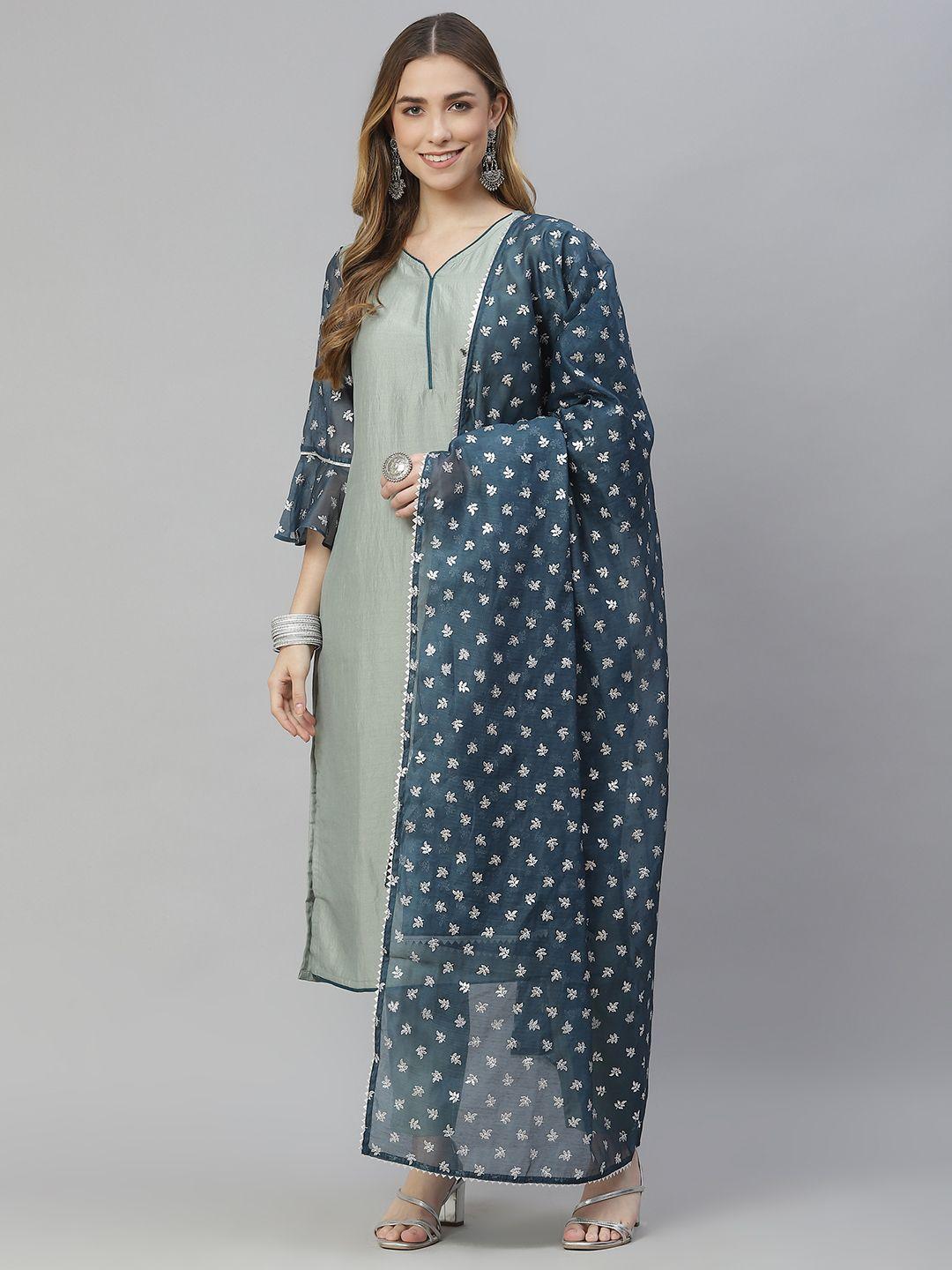 ziyaa women grey ethnic motifs printed regular gotta patti kurta with trousers & with dupatta