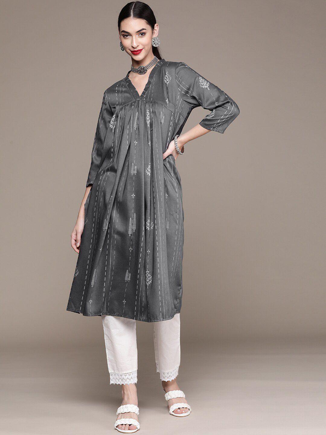 ziyaa women grey geometric striped kurta