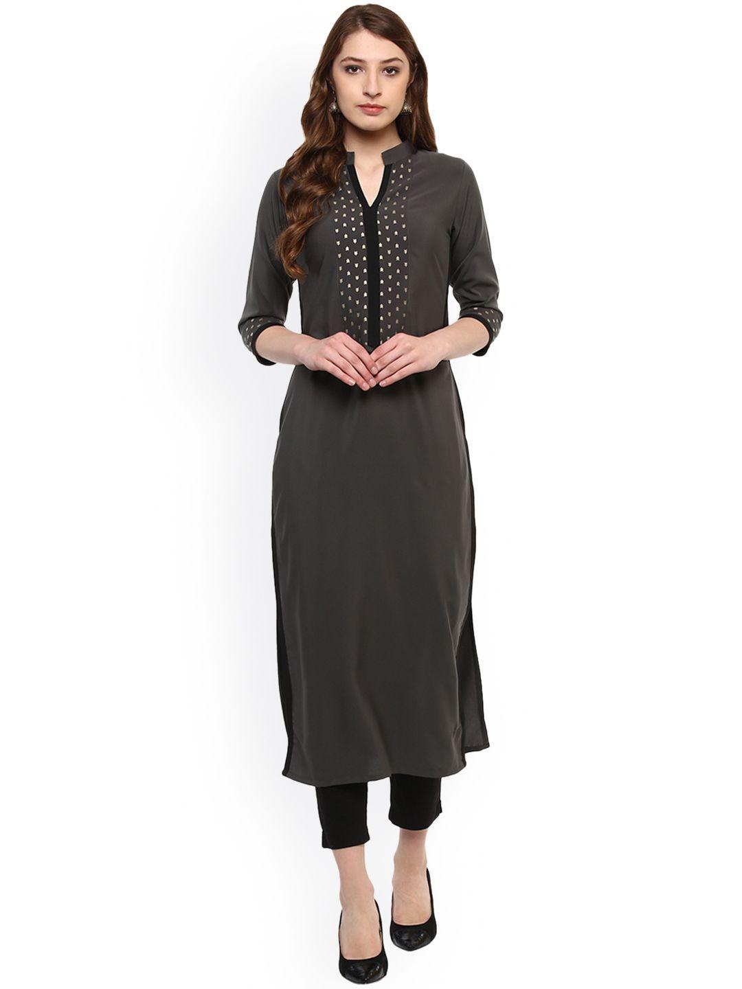 ziyaa women grey solid straight kurta