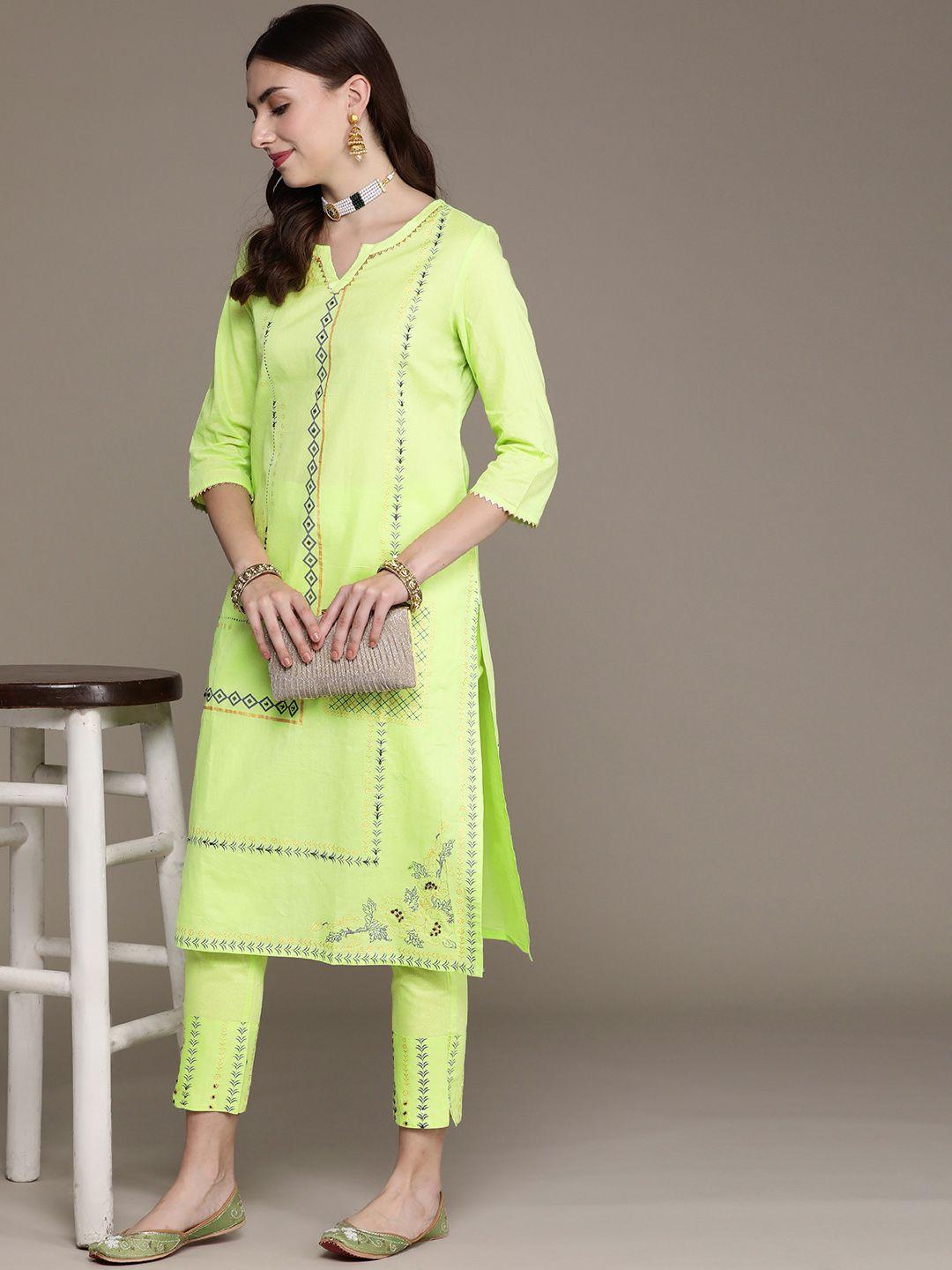 ziyaa women lime green printed pure cotton kurta with trousers