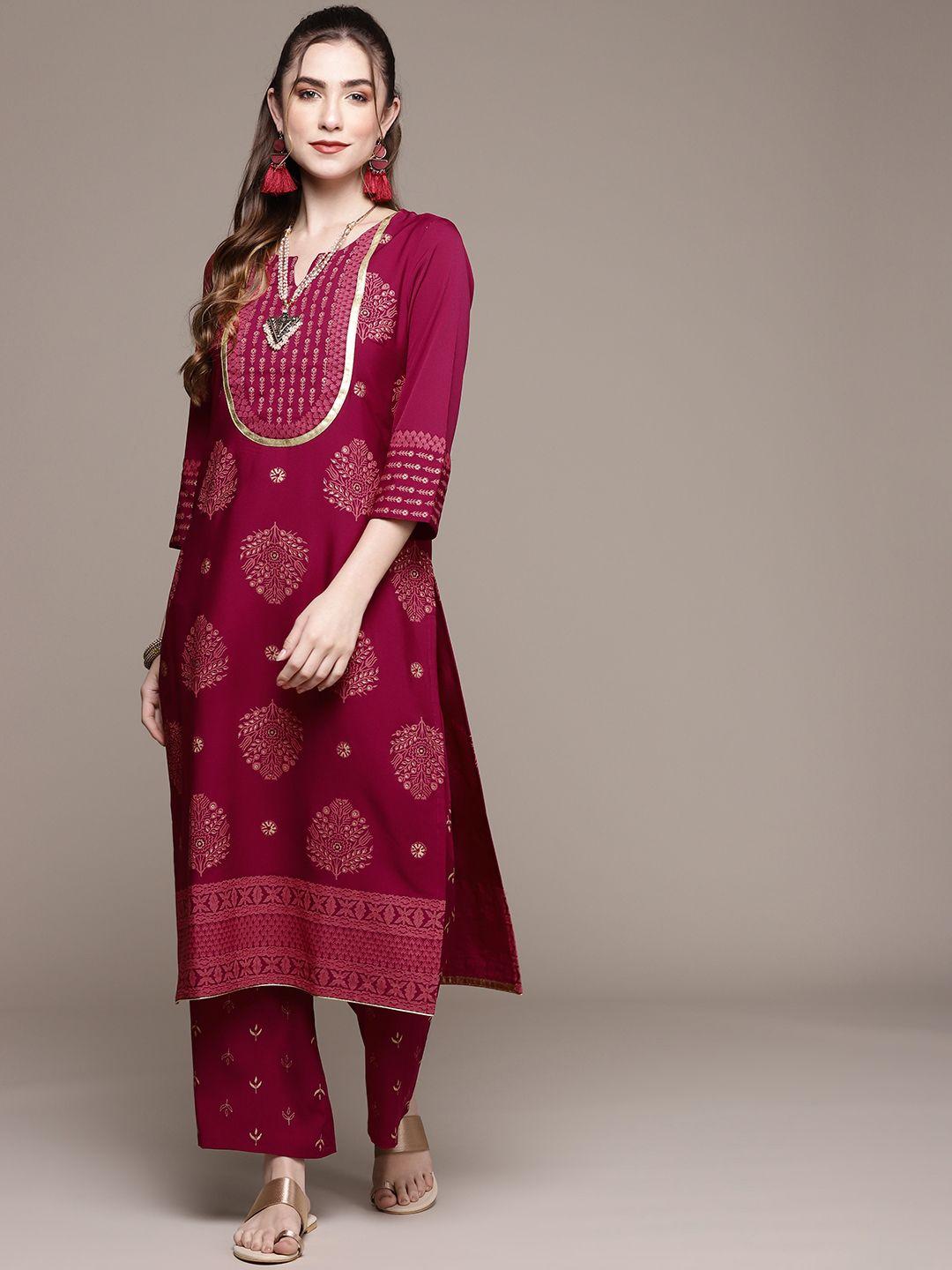 ziyaa women magenta & beige ethnic motifs printed kurta with palazzos