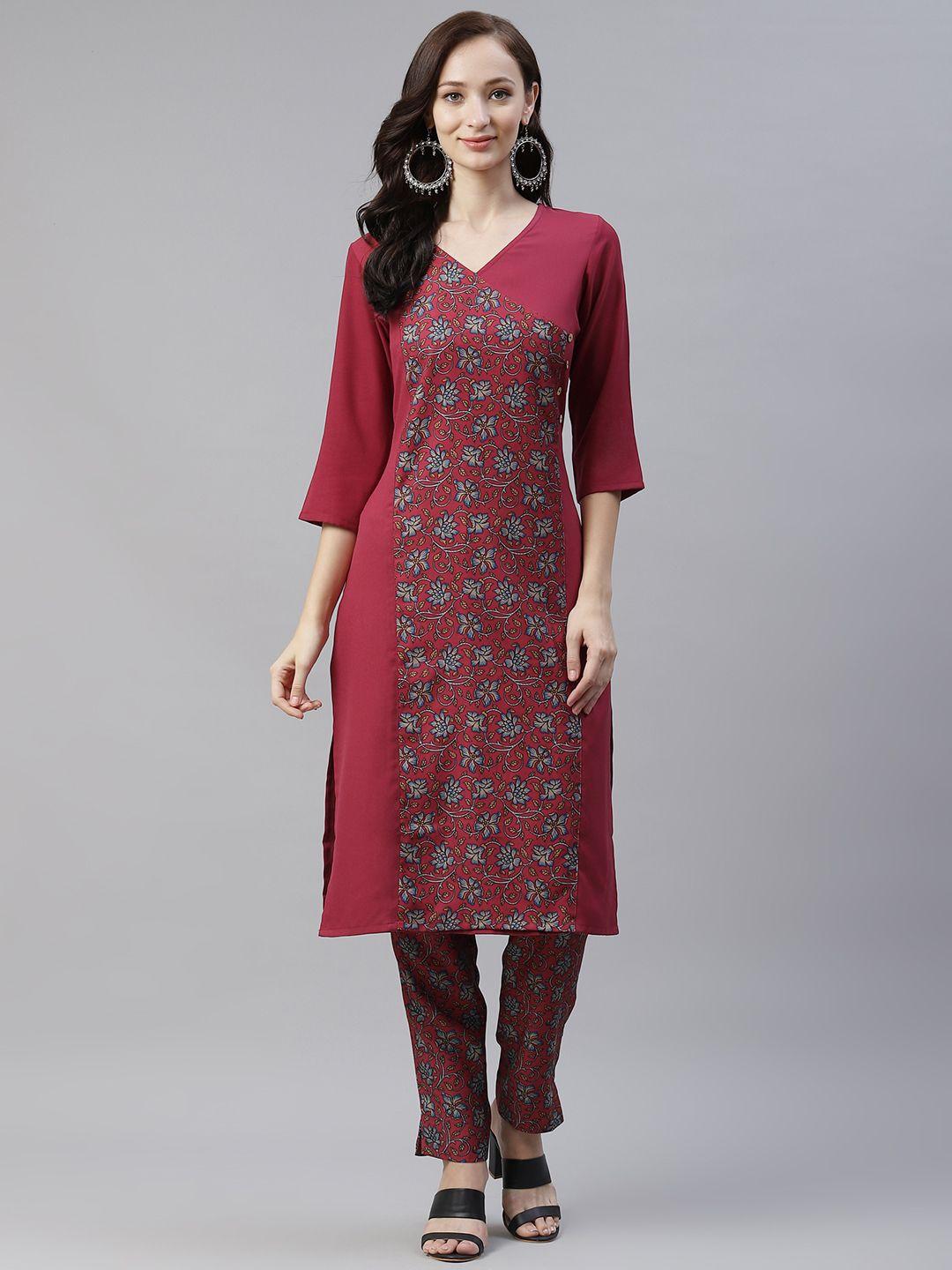 ziyaa women maroon & blue floral printed kurta with trousers