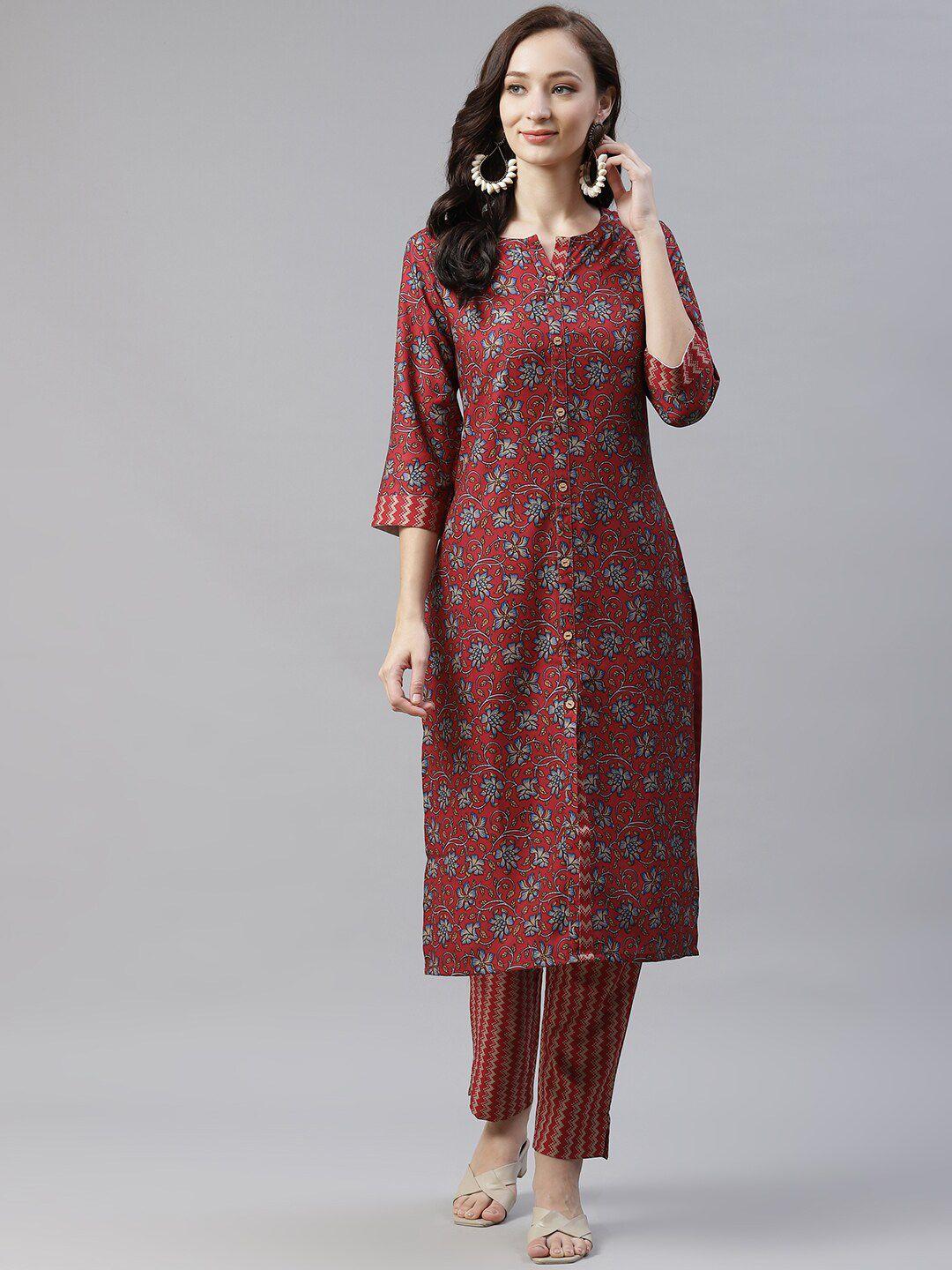 ziyaa women maroon floral printed keyhole neck flared sleeves kurta