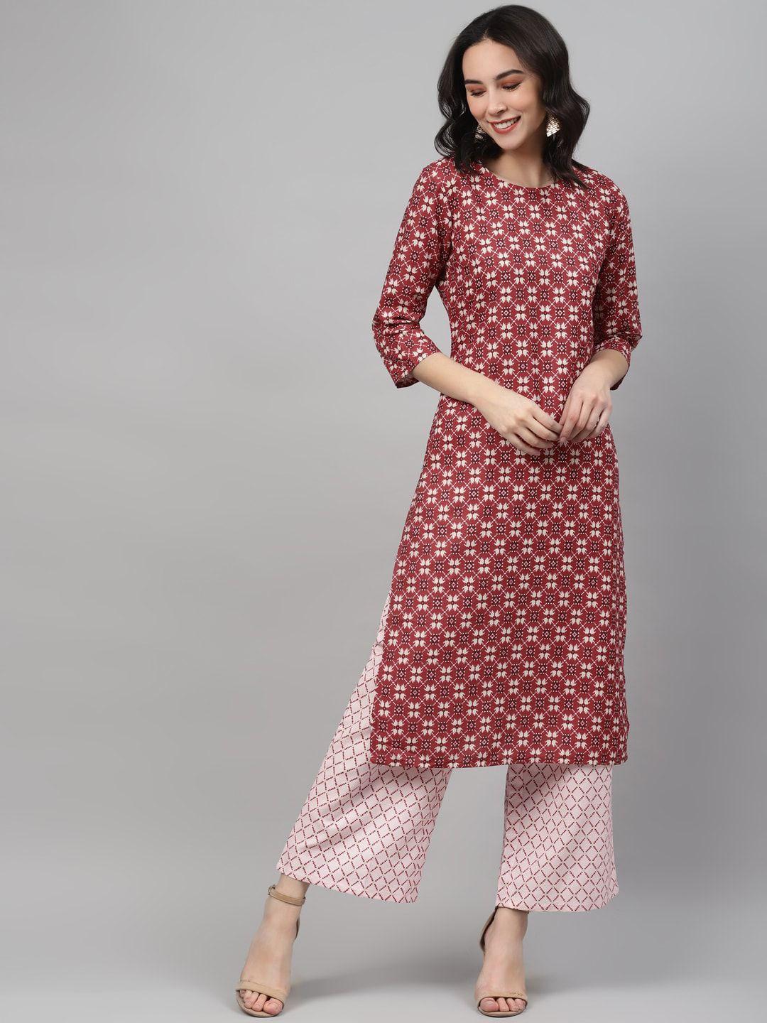 ziyaa women maroon geometric printed kurta